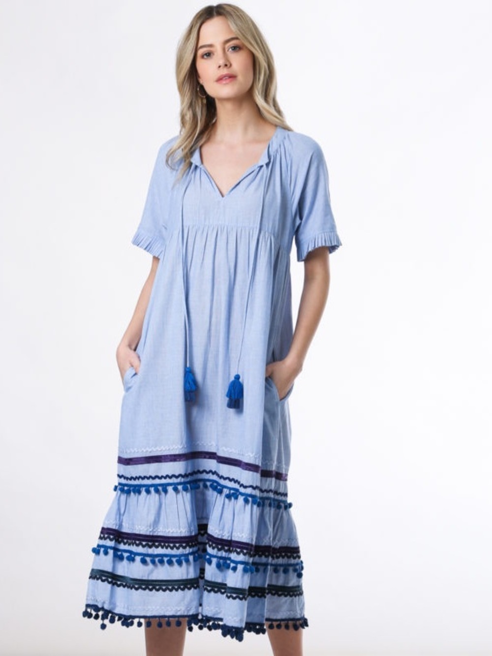 Midi Striped Dress with Red Trim and Tassels Womens Small - Picture 11 of 11
